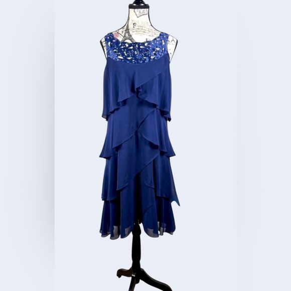 J.R. Nites By Carollin Dresses & Skirts - JR Nites Vintage Fun Flirty Dress -Blue Layered Ruffles Cut out Neckline Size 14